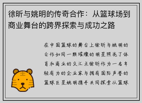 徐昕与姚明的传奇合作：从篮球场到商业舞台的跨界探索与成功之路